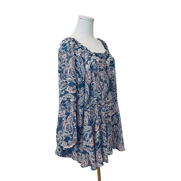 Women's 22/24W Sheer Pasiley Chiffon Blue Babydoll Flare Sleeve Plus Soft Blouse - Picture 2 of 5